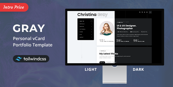 Gray tailwind personal vcard portfolio template gplpixel.png